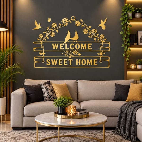 Golden Welcome Sweet Home Wall Sticker with Floral Vines and Birds for Living Room Wall Decor