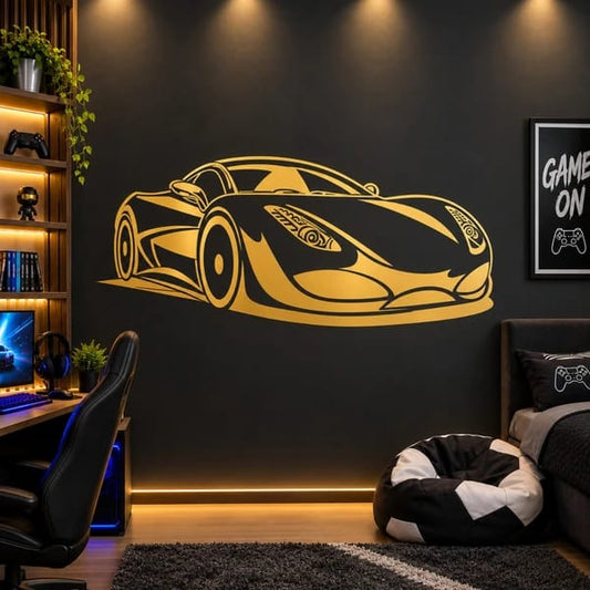 Sports car wall art displayed above a gaming room setup with a computer desk, gaming chair, and modern decor