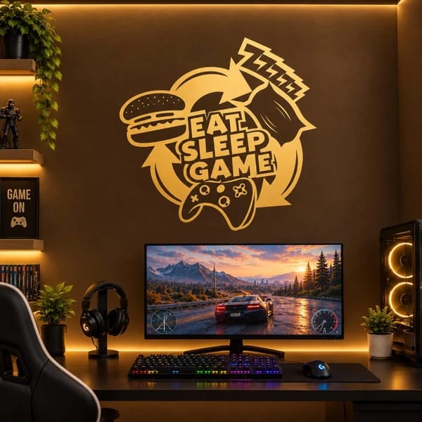 Eat Sleep Game wall sticker with gaming controller, burger and pizza design for gaming room decor