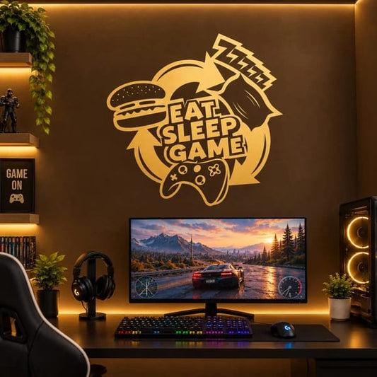 Eat Sleep Game wall sticker with gaming controller, burger and pizza design for gaming room decor