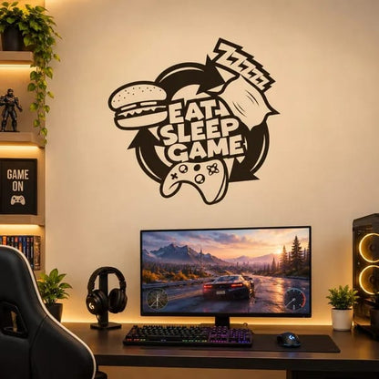 Eat Sleep Game wall sticker with gaming controller, burger and pizza design for gaming room decor
