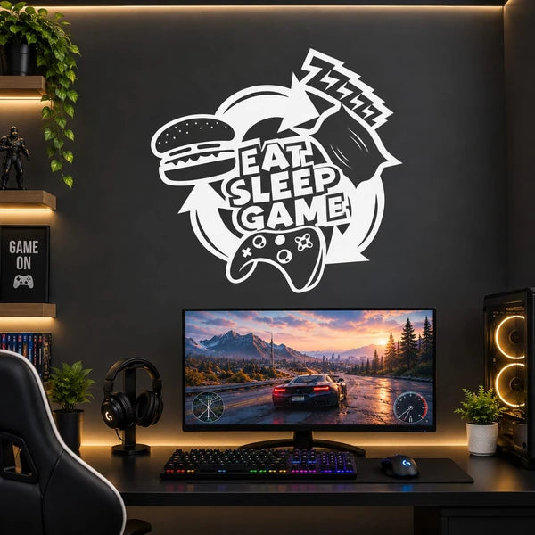 Eat Sleep Game wall sticker with gaming controller, burger and pizza design for gaming room decor