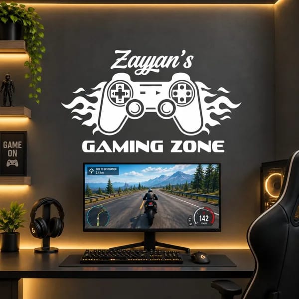 Customized Gaming Zone wall sticker with personalized name and gaming controller design