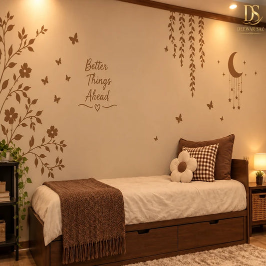 Light Brown floral and butterfly headboard wall stickers with Good Vibes Only quote – Deewar Saz