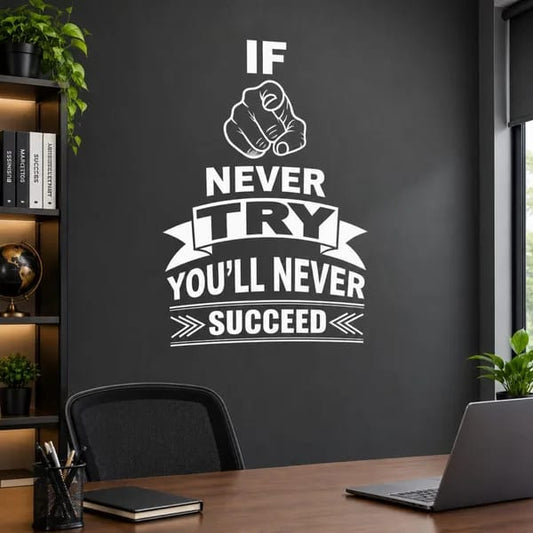 Never Try Motivational Wall Art displayed on an office wall above a desk with a laptop and modern decor
