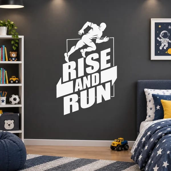 Rise and Run motivational wall sticker with a running athlete silhouette in a kids' bedroom