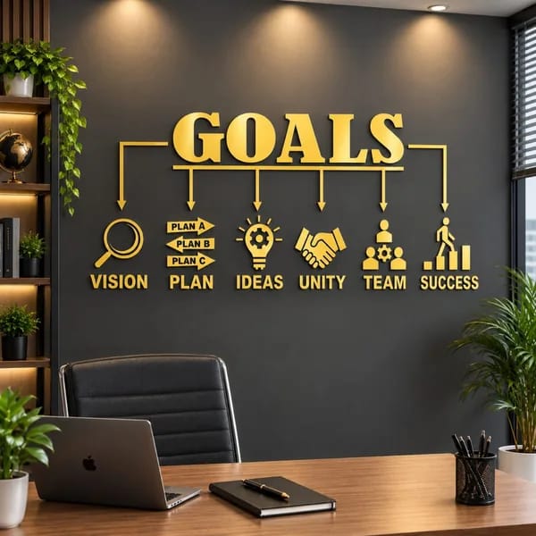 Goals motivational wall sticker featuring vision, plan, ideas, unity, team and success icons in a modern office