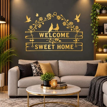 Golden Welcome Sweet Home Wall Sticker with Floral Vines and Birds for Living Room Wall Decor