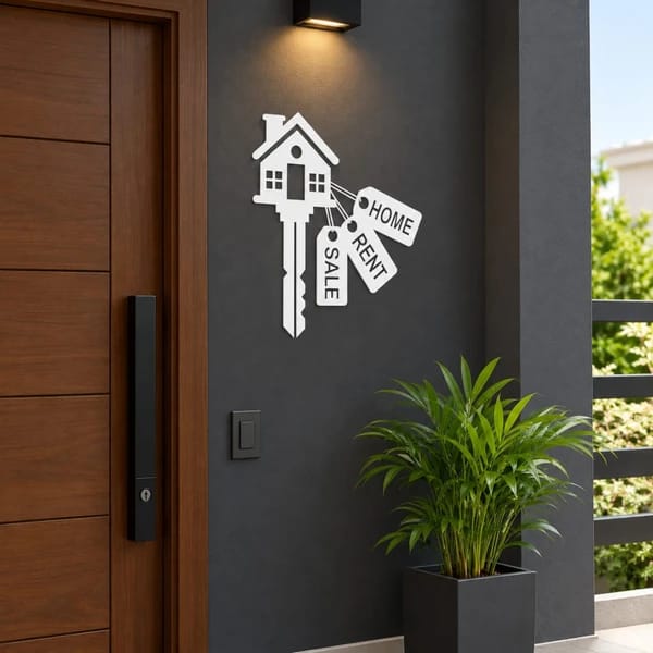 Black house key wall sticker with Home, Rent and Sale tags mounted on a cream wall beside a wooden entrance door.