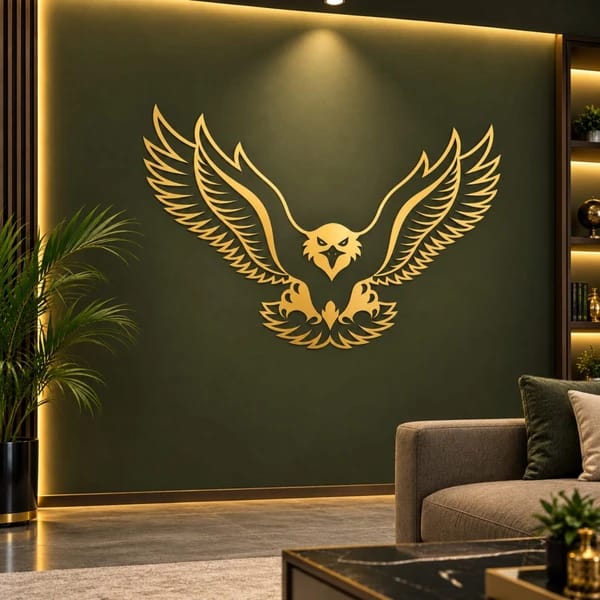 3D eagle wall art displayed on a modern living room wall with decorative lighting