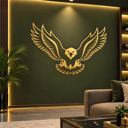 3D eagle wall art displayed on a modern living room wall with decorative lighting
