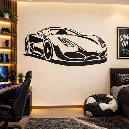 Sports car wall art displayed above a gaming room setup with a computer desk, gaming chair, and modern decor