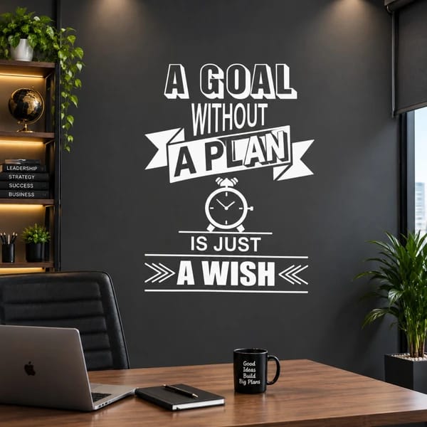 Goal Without a Plan motivational wall art displayed above a wooden office desk in a modern workspace
