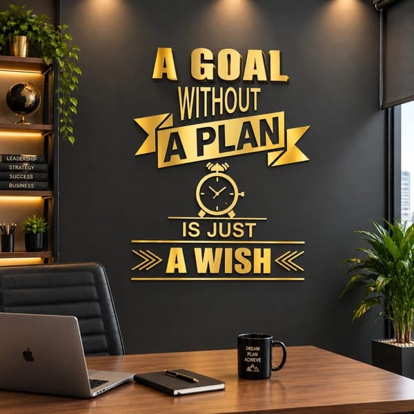 Goal Without a Plan motivational wall art displayed above a wooden office desk in a modern workspace