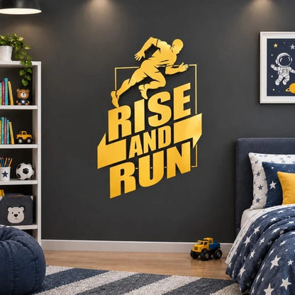 Rise and Run motivational wall sticker with a running athlete silhouette in a kids' bedroom