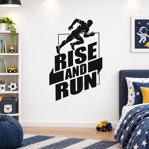 Rise and Run motivational wall sticker with a running athlete silhouette in a kids' bedroom