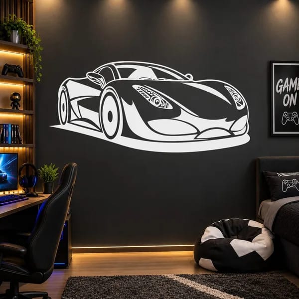 Sports car wall art displayed above a gaming room setup with a computer desk, gaming chair, and modern decor