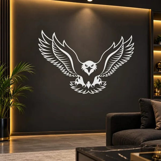 3D eagle wall art displayed on a modern living room wall with decorative lighting