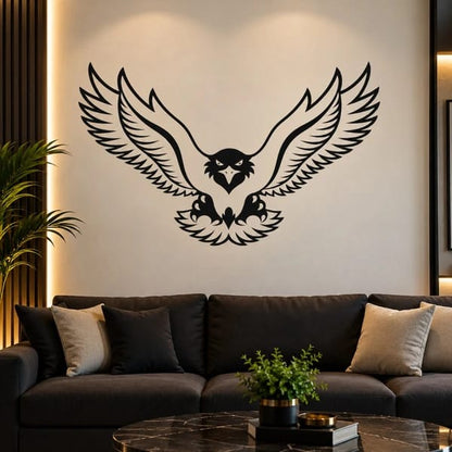 3D eagle wall art displayed on a modern living room wall with decorative lighting