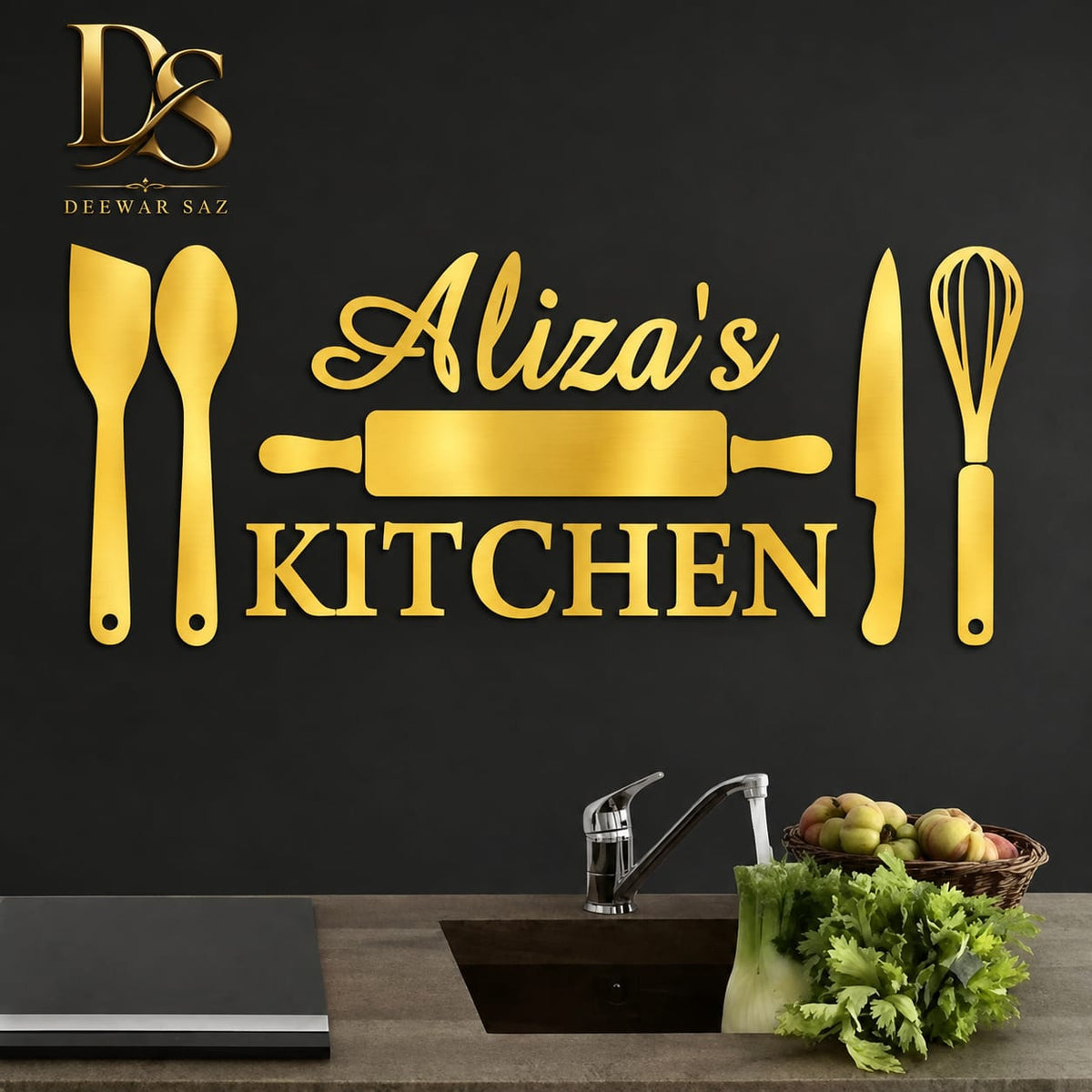 Customized Kitchen Wall Decor | Personalized Rolling Pin & Cutlery Name Sign