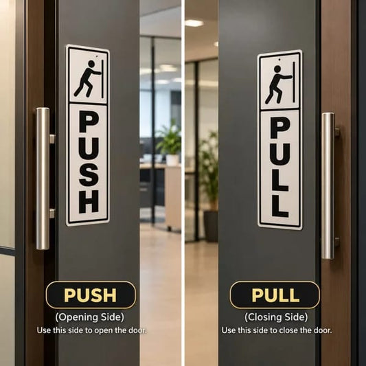 Push and pull door stickers with clear directional labels displayed on modern office doors
