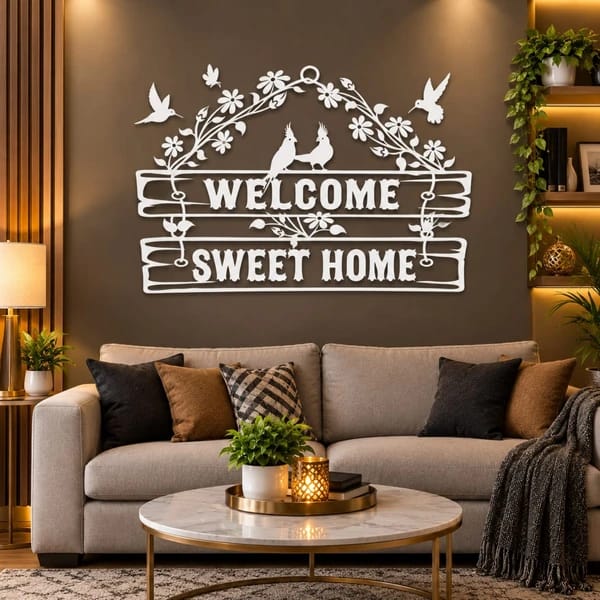 Golden Welcome Sweet Home Wall Sticker with Floral Vines and Birds for Living Room Wall Decor