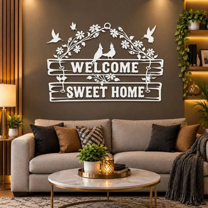 Golden Welcome Sweet Home Wall Sticker with Floral Vines and Birds for Living Room Wall Decor