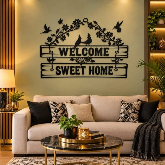 Golden Welcome Sweet Home Wall Sticker with Floral Vines and Birds for Living Room Wall Decor